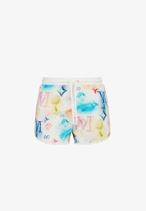 Witte shorts met een meerkleurig abstract patroon, met blauwe, roze en gele accenten, en een trekkoord in de taille met zilverkleurige hardware.