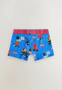 Blå bomullsboxershorts med roliga London-inspirerade mönster med djurkaraktärer och ikoniska symboler. Röd midjeband med "NEXT"-logotyp.