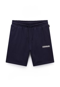 Shorts en coton bleu marine avec une taille élastique et un cordon de serrage. Présente un logo imprimé blanc sur la jambe gauche. Design simple et décontracté.