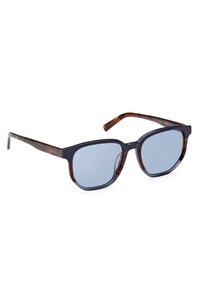 Ochelari de soare rectangulari cu ramă din tortoiseshell închis și lentile albastre. Prezintă un sprijin solid de culoare bleumarin și temple elegante.