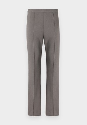 Gray tailored trousers with a slim fit, featuring a smooth texture and front pleats, designed for a formal look. No visible pockets or hardware.