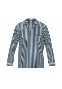 Chemise à rayures bleu marine et blanche, à boutons, avec des manches longues, une poche poitrine et des poignets rayés contrastants. Fabriquée en tissu léger.