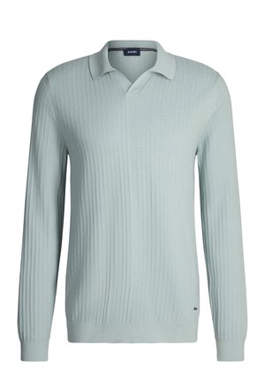 Maglione polo a maniche lunghe azzurro chiaro con trama a coste, scollatura a V e collo lavorato a maglia. Marchio discreto visibile all'orlo.