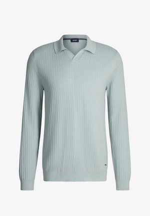 Hellblauer, langärmliger Polo-Pullover mit Rippstrickstruktur, V-Ausschnitt und gestricktem Kragen. Dezentes Branding ist am Saum sichtbar.