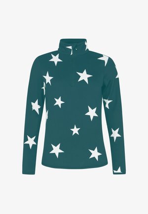 Langärmeliger Pullover aus dunkelgrünem Stoff, mit weißen Sternmustern und hohem Kragen mit Reißverschlussdetails. Glatte Textur, lässiges Design.