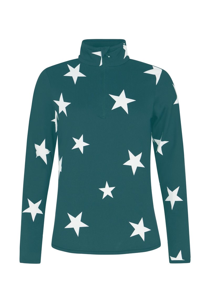 Langsleeve pullover in donkergroen stof, met witte sterrenpatronen en een hoge kraag met een ritssluiting. Soepele textuur, casual ontwerp.