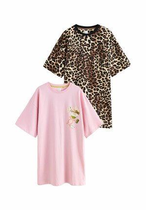 Two short-sleeve t-shirts: one pink with a graphic design and green accents, the other brown leopard print with a black neckline.