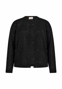 Cardigan nero con un maglione testurizzato e accenti argentati sparsi, apertura frontale, scollo tondo e due tasche laterali.