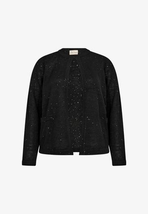 Sort cardigan med struktureret strik, prydet med spredte sølvfarvede accenter, åben front, rund halsudskæring og to sidelommer.