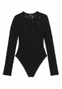 Schwarzer Langarm-Bodysuit mit strukturiertem, offenknotigem Design und Rundhalsausschnitt. Mit einem Tanga-Schnitt am unteren Ende und eng anliegender Silhouette.
