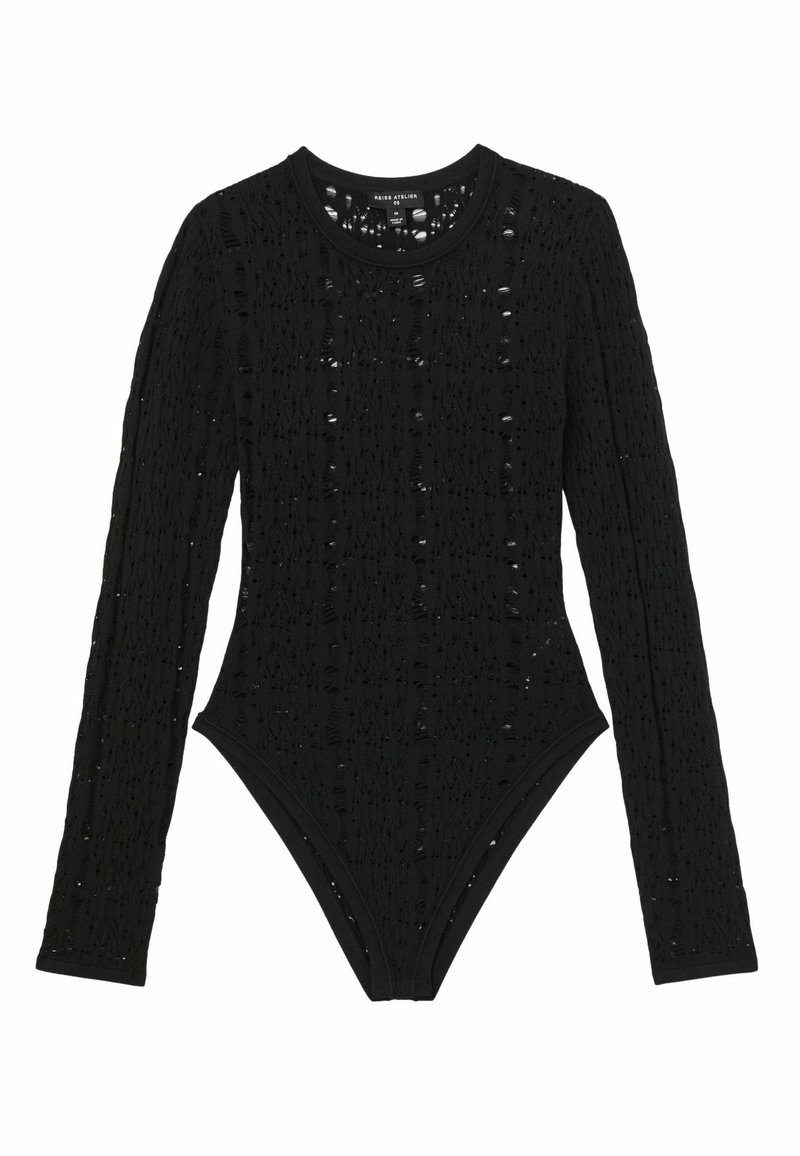 Schwarzer Langarm-Bodysuit mit strukturiertem, offenknotigem Design und Rundhalsausschnitt. Mit einem Tanga-Schnitt am unteren Ende und eng anliegender Silhouette.