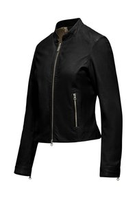 Giubbotto in pelle nera con colletto arrotondato, chiusura frontale con zip e due tasche con zip. Presenta un design aderente e una texture liscia.