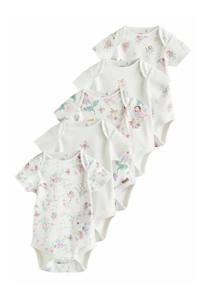 Sæt med fem kortærmede bodystockings i blødt bomuld. Har blomster- og eventyrlige print i pastelfarver, med et prikmønster på én af delene.