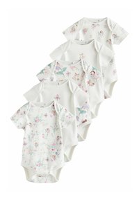 Set de cinci body-uri cu mânecă scurtă din bumbac moale. Include imprimeuri florale și jucăușe în culori pastelate, cu un design cu buline pe o piesă.