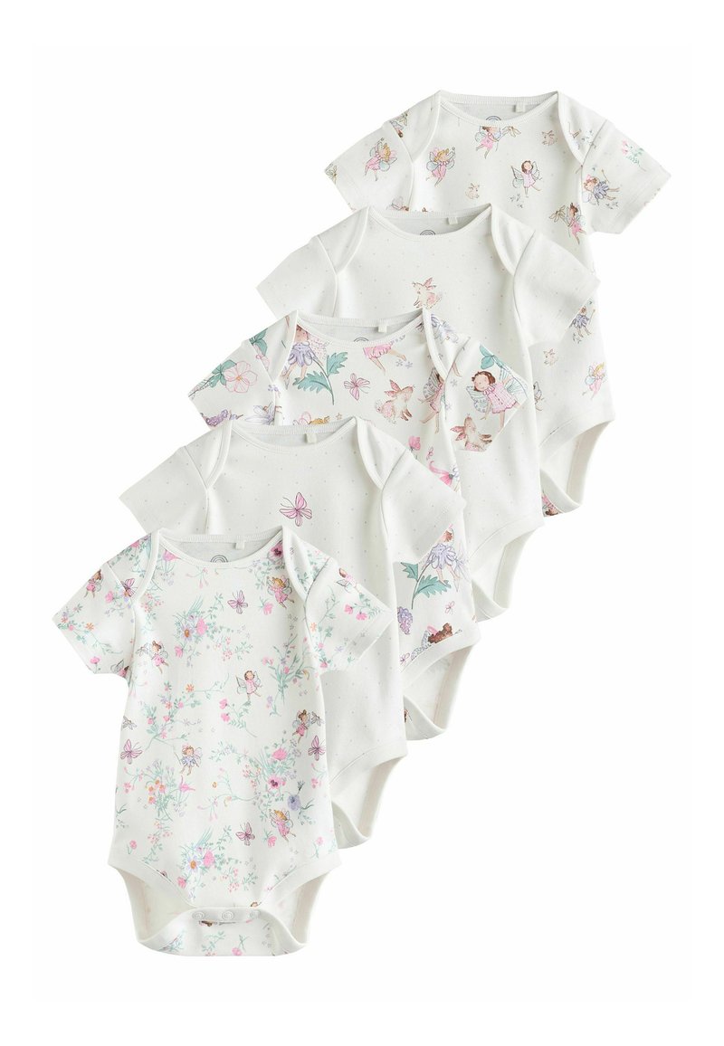 Set de cinci body-uri cu mânecă scurtă din bumbac moale. Include imprimeuri florale și jucăușe în culori pastelate, cu un design cu buline pe o piesă.
