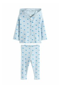Light blue pajama set with a hood, featuring a striped texture and scattered blue snail patterns. Includes a button-up top and matching pants.