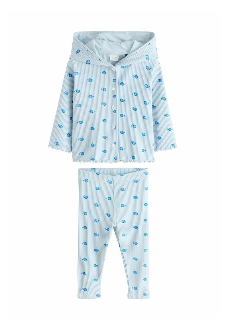 Light blue pajama set with a hood, featuring a striped texture and scattered blue snail patterns. Includes a button-up top and matching pants.