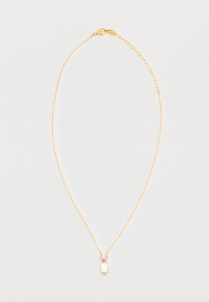 Feine Goldkette mit zwei ovalen Anhängern, einem hellvioletten und einem klaren, eingefasst in goldene Fassungen vor weißem Hintergrund.