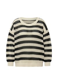 Maglione a righe nere e crema in maglia, caratterizzato da un design a trama larga e aperta, colletto rotondo ampio e polsini e orlo a coste.