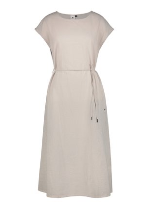 Vestido midi beige con mangas cortas, escote redondo y cinturón delgado para atar a la cintura, confeccionado con tela ligera.