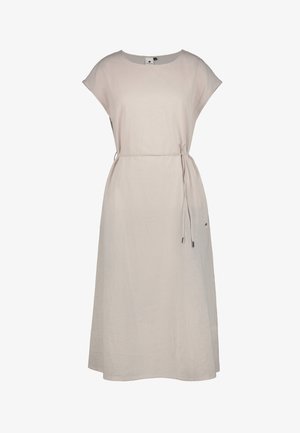 Beiges Midikleid mit kurzen Ärmeln, Rundhalsausschnitt und einem dünnen Taillengürtel aus leichtem Stoff.