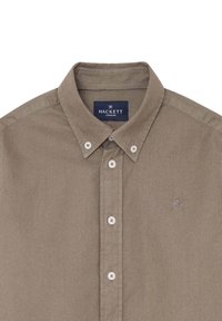 Camicia khaki con bottone e colletto, tessuto leggero, bottoni bianchi a contrasto e piccolo logo ricamato sul petto.