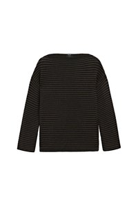 Czarny i ciemnobrązowy sweter z długim rękawem, w poziome paski, o luźnym kroju i prążkowanej fakturze.