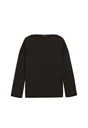 Schwarz und dunkelbraun gestreifter Langarm-Pullover mit Rundhalsausschnitt, locker sitzend und mit geripptem Struktur.