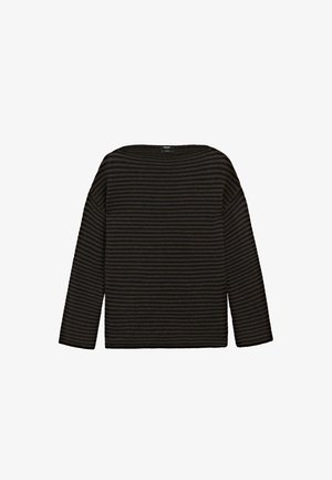 Schwarz und dunkelbraun gestreifter Langarm-Pullover mit Rundhalsausschnitt, locker sitzend und mit geripptem Struktur.