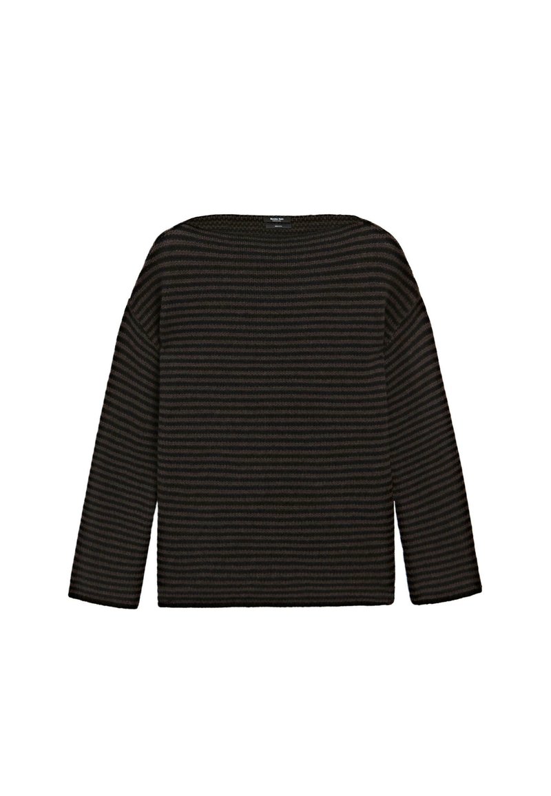 Black and dark brown horizontal striped long-sleeve crewneck sweater with a loose fit and ribbed texture.