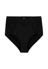 Culotte noire taille haute avec des accents en dentelle sur les côtés, présentant un détail de anneau décoratif à l'avant. Tissu lisse, couverture modérée.