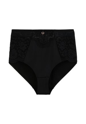 Culotte noire taille haute avec des accents en dentelle sur les côtés, présentant un détail de anneau décoratif à l'avant. Tissu lisse, couverture modérée.