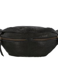 Black leather waist bag with a front horizontal zipper pocket and textured surface, shown against a white background.