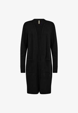 Black long cardigan with an open front, featuring two front pockets and ribbed cuffs. Made of a soft, textured fabric.
