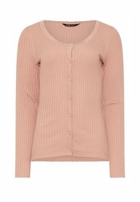 Ribbade rosa koftan med rundad halsringning, långa ärmar och sex knappstängningar fram. Mjuk textur och åtsittande design.