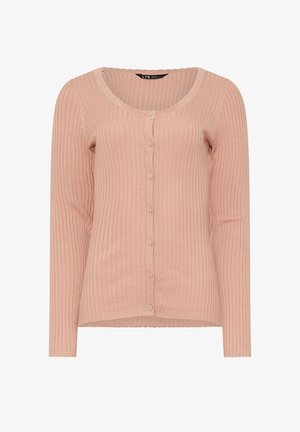 Cardigan rose côtelé avec un décolleté en scoop, des manches longues et six boutons sur le devant. Texture douce et design ajusté.