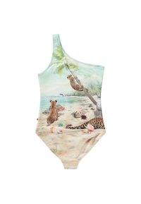 Fato de banho de um ombro só em verde claro com uma cena de praia featuring leopardos, palmeiras e conchas. Tecido liso e elástico.