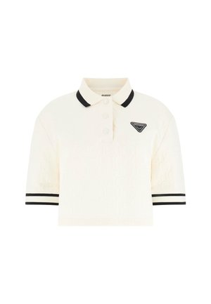 Polo a maniche corte in tessuto bianco sporco, con motivo texturizzato, collo nero e strisce sulle maniche. Dettaglio logo al centro del petto.