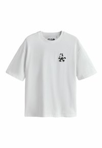 T-shirt bianca a maniche corte con un piccolo schizzo nero di Felix the Cat sul petto a sinistra.