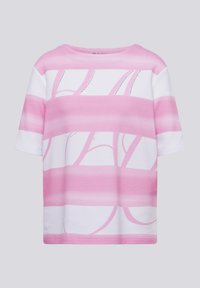 White T-shirt featuring wide horizontal pink stripes and a fluid line pattern. The fabric has a textured finish and a relaxed fit.