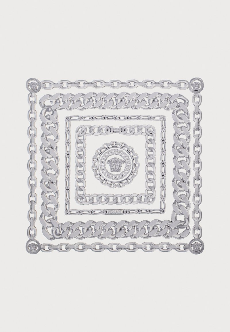 Silver chain design featuring layered patterns in a square shape. Central medallion with a logo, accented by round hardware details.