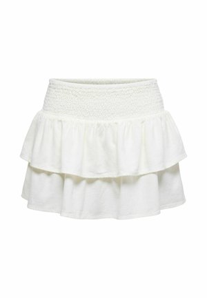 Mini-jupe blanche à volants superposés avec taille haute smockée et deux volants en couches, faite en tissu léger.