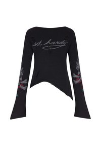 Maglione nero a maniche lunghe con scollatura ampia, dettagli strappati e grafiche di teschi ricamate sulle maniche. Materiale in maglia morbida.