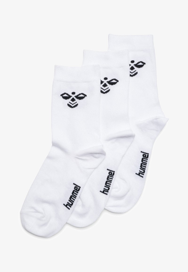 Hvide bomuldsstrømper med sort logo og bi-design, med en glat tekstur og crew-længde, pakket i et sæt med tre.