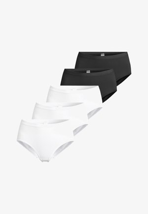 Fünf Damen-Slips mit hohem Bund in Schwarz und Weiß, angeordnet in zwei Reihen mit drei weißen Paaren vorne und zwei schwarzen Paaren dahinter.