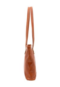 Borsa a mano in pelle marrone con una finitura liscia, forma allungata e due manici sottili. Presenta cuciture lungo i manici e il bordo superiore.