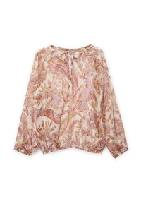 Průsvitná blůza s dlouhým rukávem v jemně růžové barvě s paisley vzorem v levandulové a mauve. Elastický pas a zavazování u výstřihu. Lehce materiál.