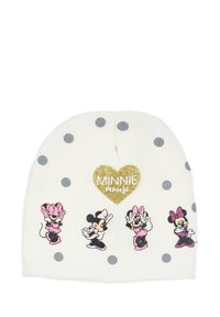 Berretto lavorato a maglia bianco con pois grigi, caratterizzato da quattro illustrazioni di Minnie Mouse e un cuore dorato glitterato con il testo "MINNIE".