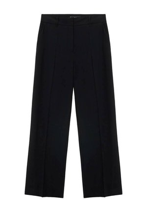Black wide-leg trousers made from smooth fabric, featuring a high waist, pleats, and no visible pockets or embellishments.