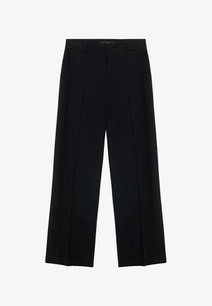Crne hlače širokih nogavica izrađene od glatkog materijala, s visokim strukom, plisiranim detaljima i bez vidljivih džepova ili ukrasa.